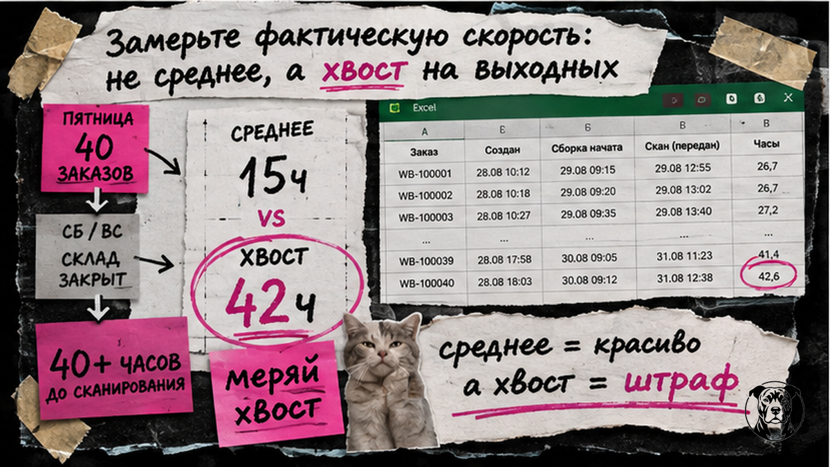 Инфографика замера хвоста скорости сборки FBS на выходных, а не среднего времени