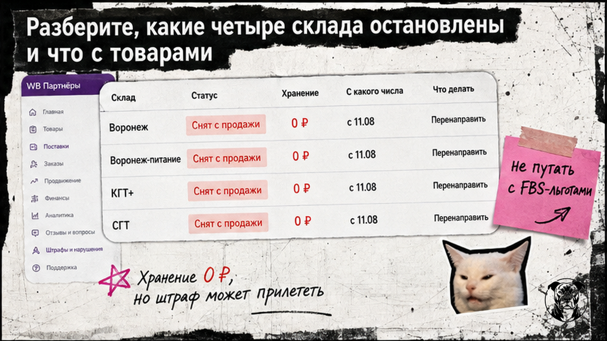 Таблица четырёх остановленных складов Wildberries в Воронеже и статуса товаров с 11.08.2026