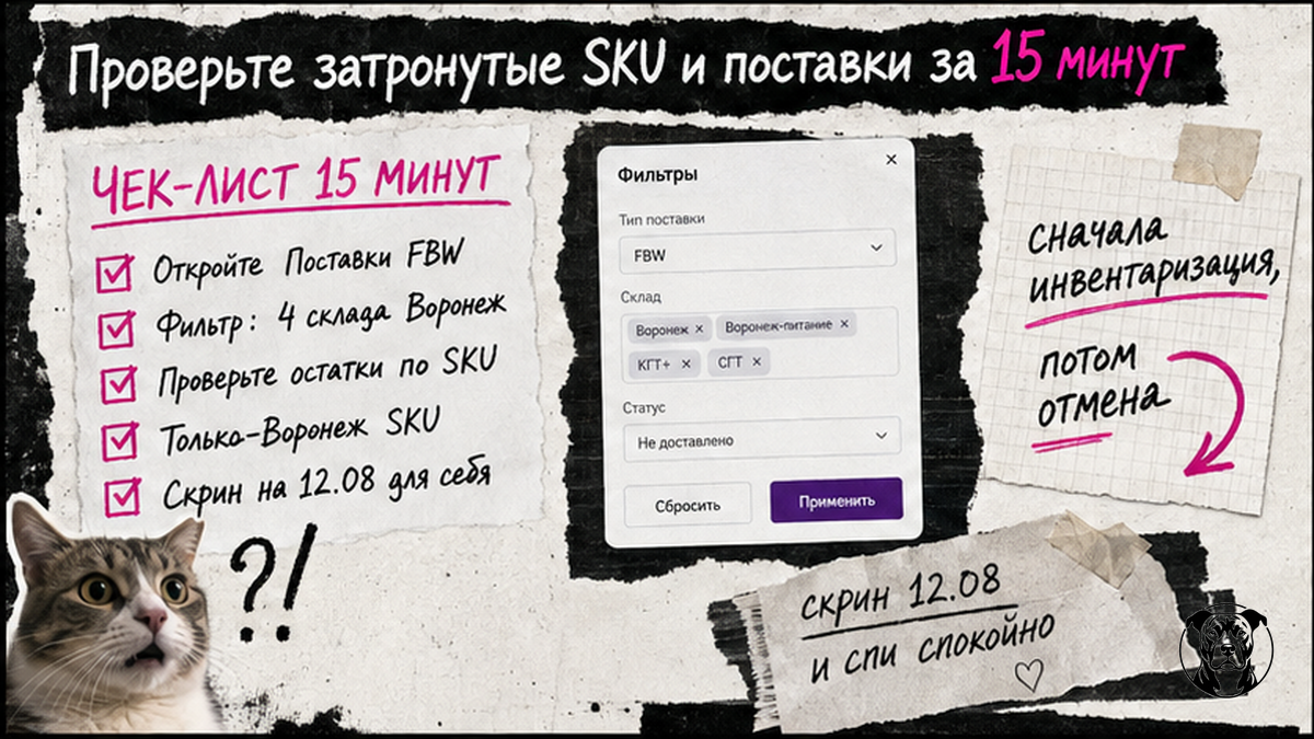 Чеклист инвентаризации SKU и поставок Wildberries за 15 минут при остановке воронежских складов