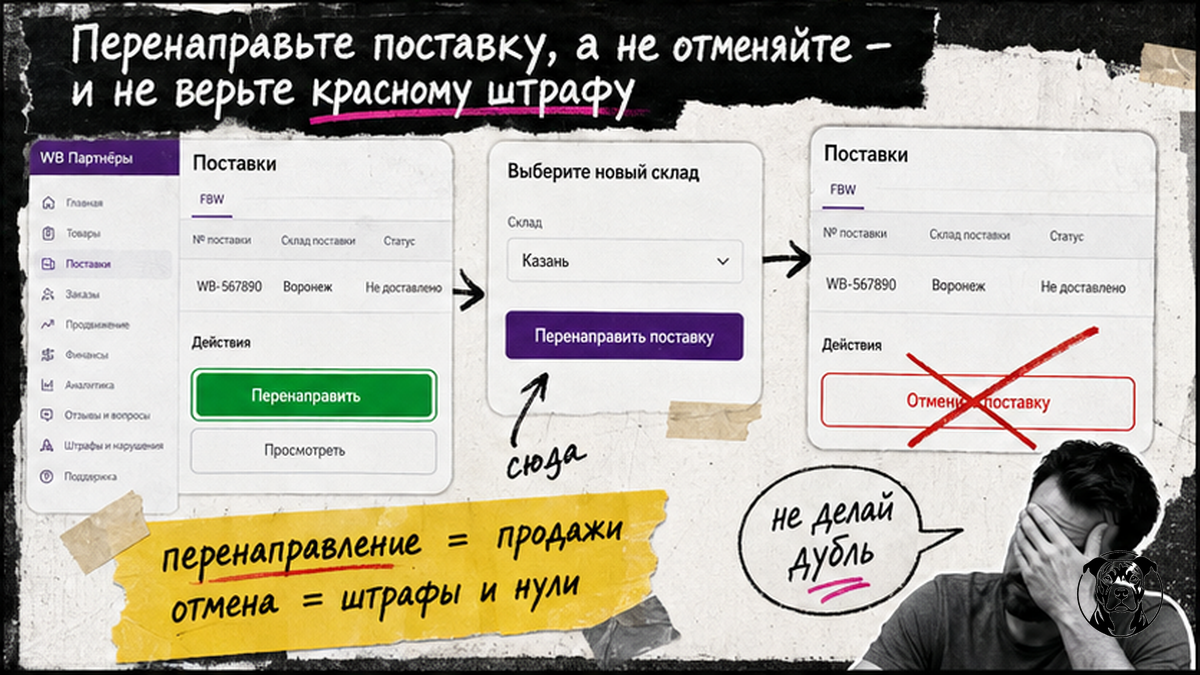 Workflow перенаправления поставки Wildberries вместо отмены при ложном штрафе