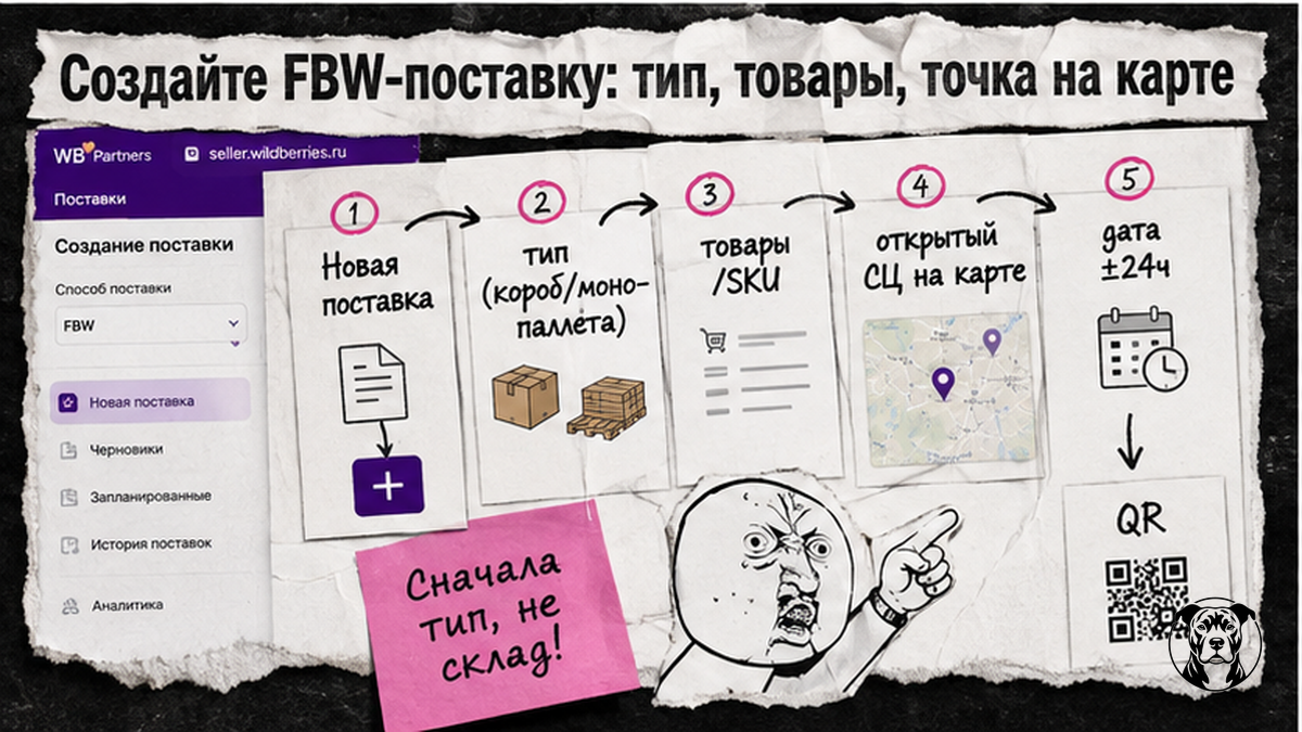 Схема создания FBW-поставки Wildberries: тип, товары, точка на карте, дата и QR