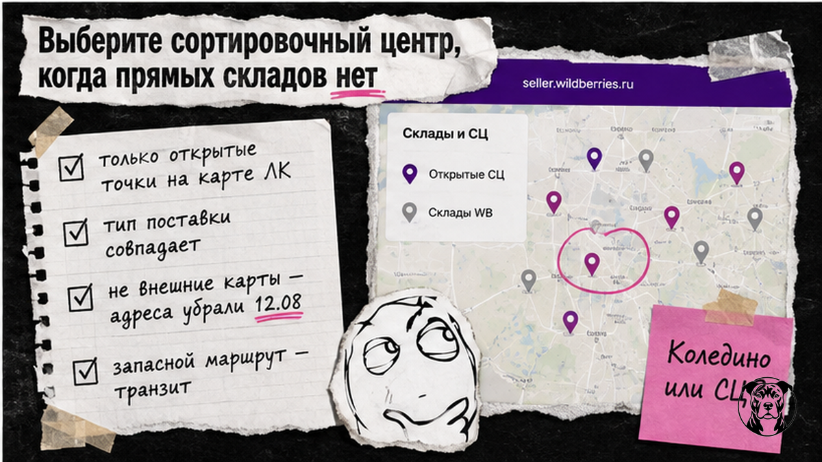 Чеклист выбора сортировочного центра Wildberries при закрытых складах: открытая точка на карте ЛК и совпадение типа поставки