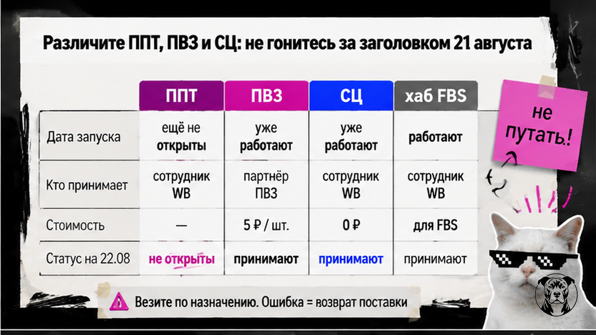Сравнительная таблица ППТ, ПВЗ, СЦ и хаба FBS Wildberries