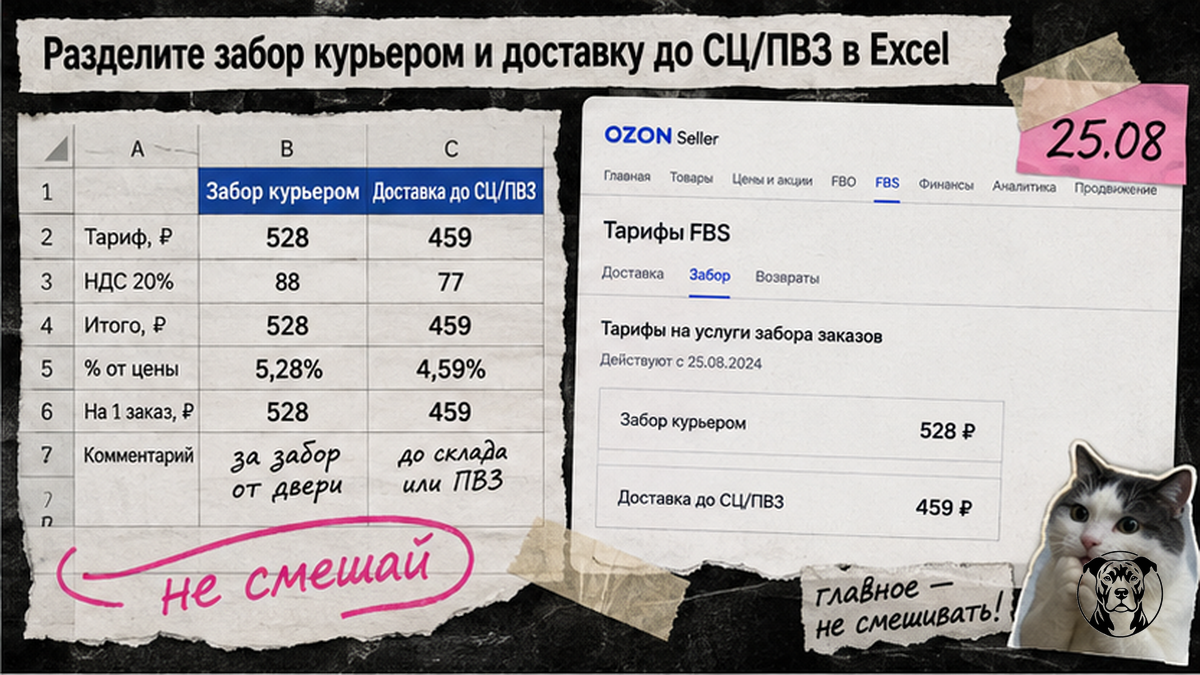 Таблица Excel: отдельные столбцы забора курьером и доставки до СЦ/ПВЗ Ozon FBS