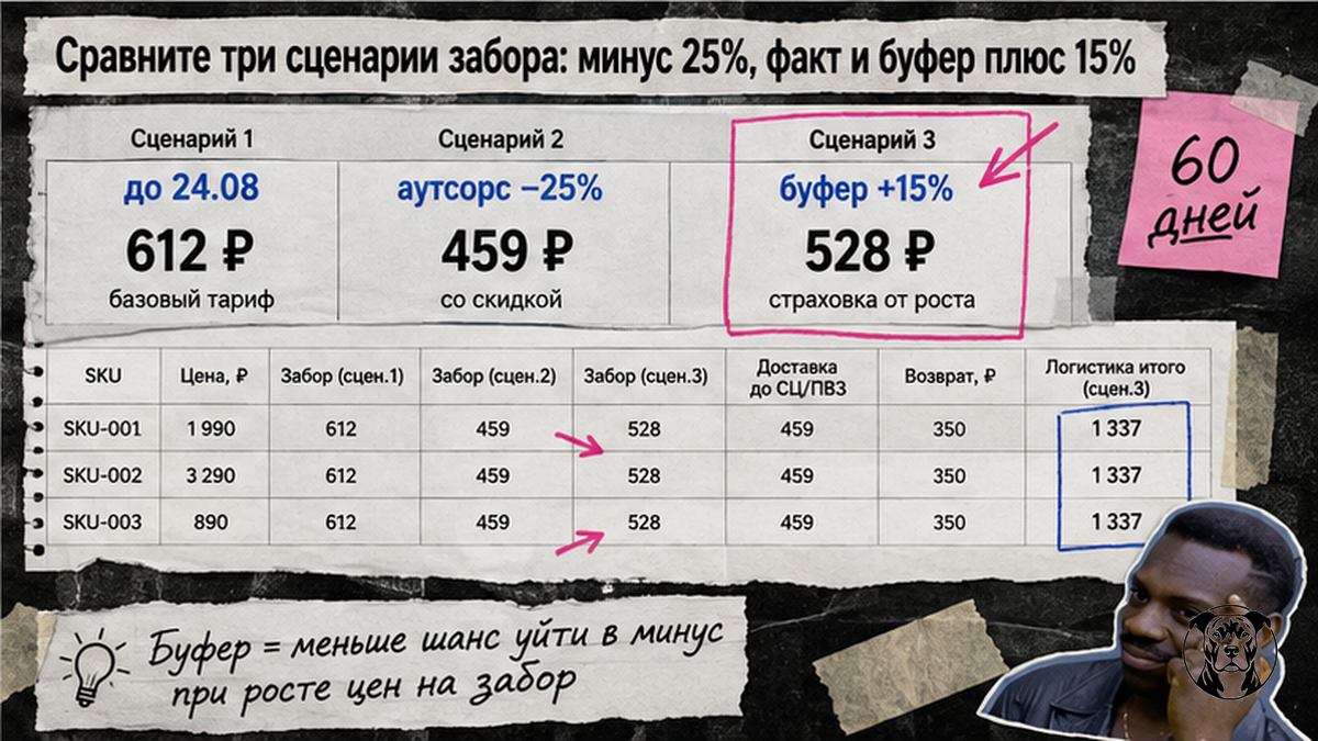 Три сценарии тарифа забора Ozon FBS: база, аутсорс −25% и буфер +15%