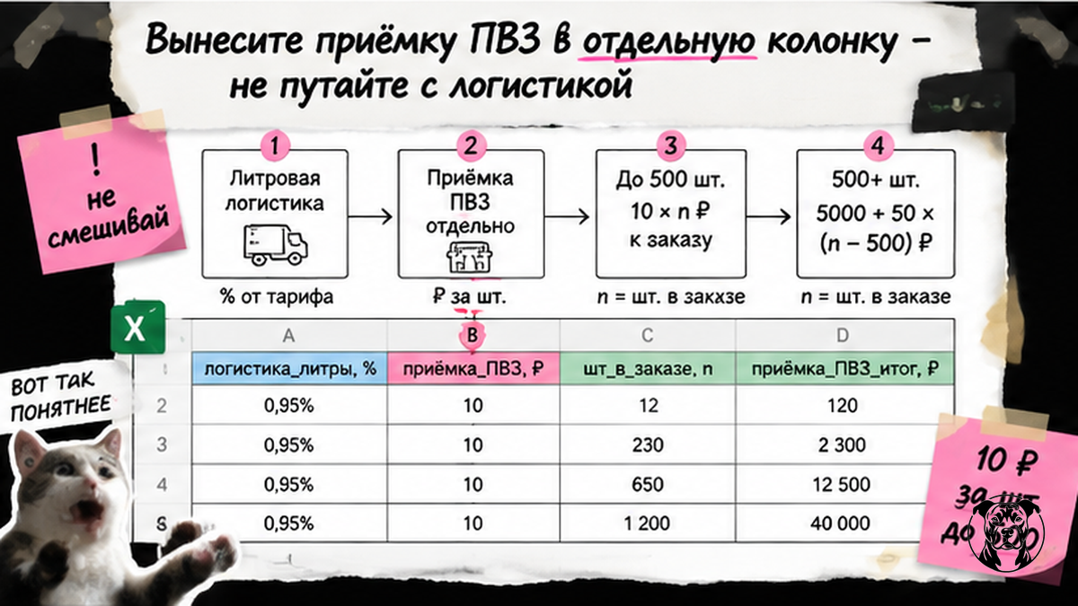 Схема разделения приёмки ПВЗ и литровой логистики FBS: лимит 500 шт. по 10 ₽