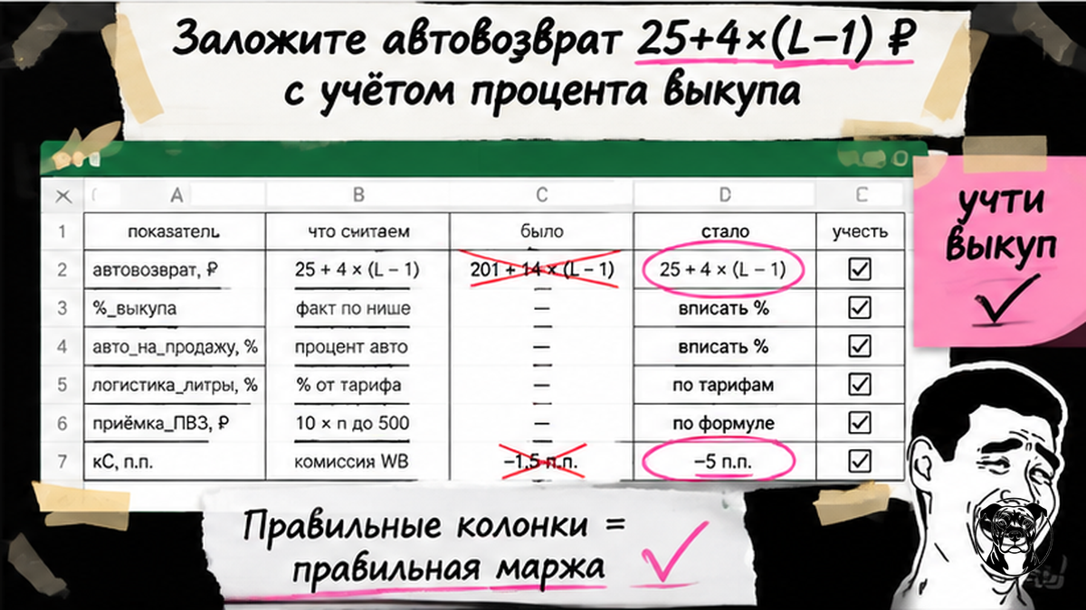 Чеклист расчёта автовозврата FBS 25+4×(L−1) ₽ с учётом процента выкупа в unit-таблице