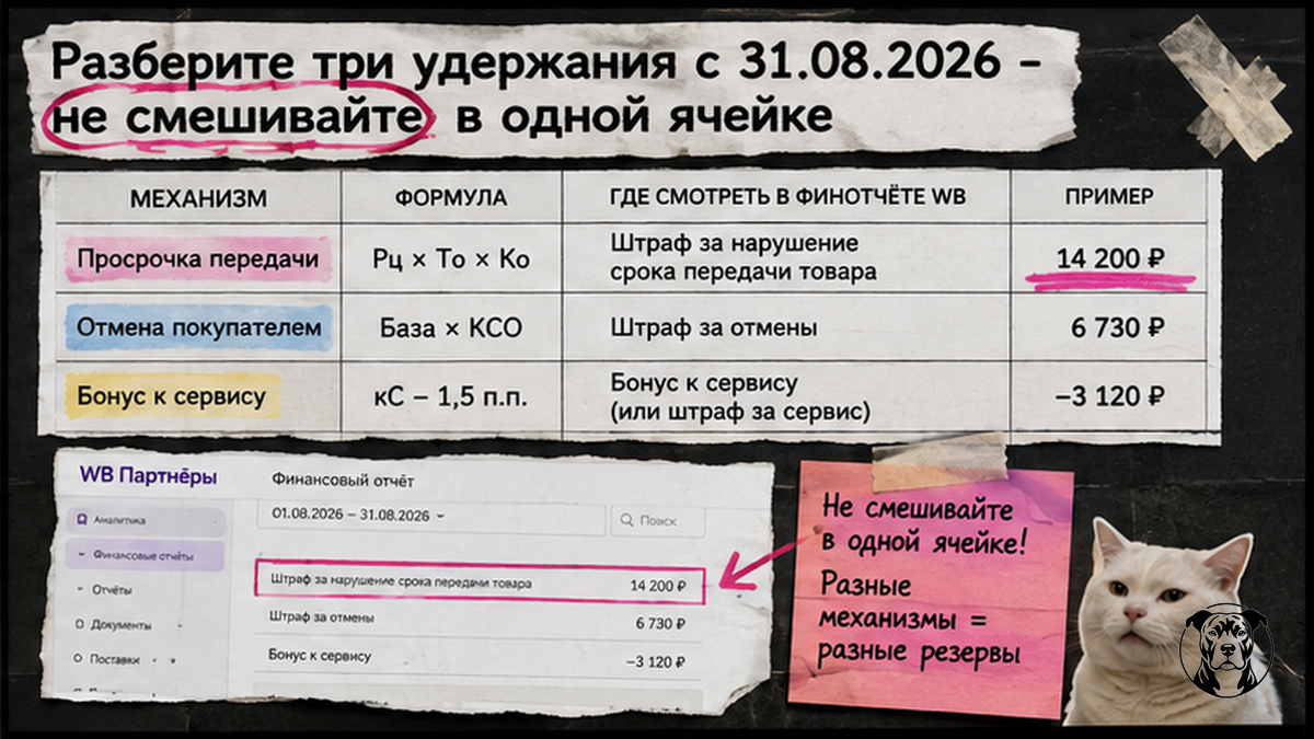 Сравнительная таблица трёх удержаний FBS WB с 31.08.2026: просрочка, отмена, кС