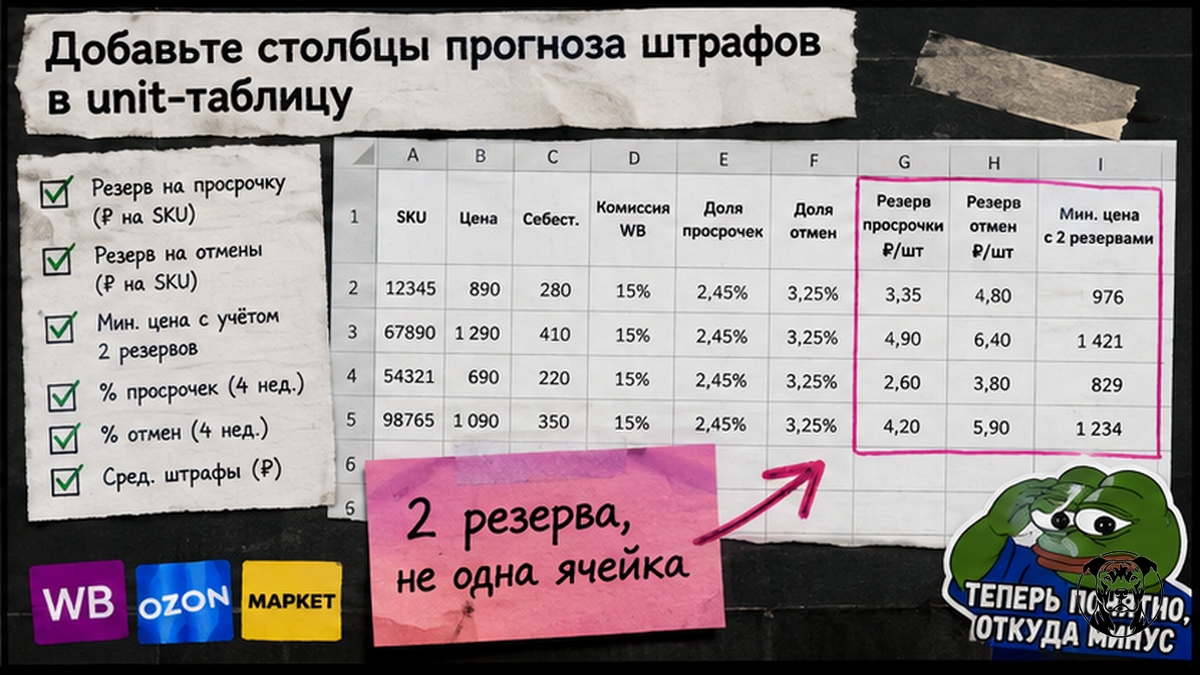 Чеклист столбцов прогноза штрафов FBS в unit-таблице Wildberries