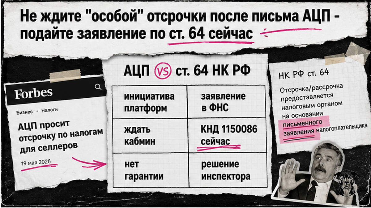 Сравнение письма АЦП и реального порядка отсрочки по ст. 64 НК РФ: заявление КНД 1150086 в личном кабинете ФНС