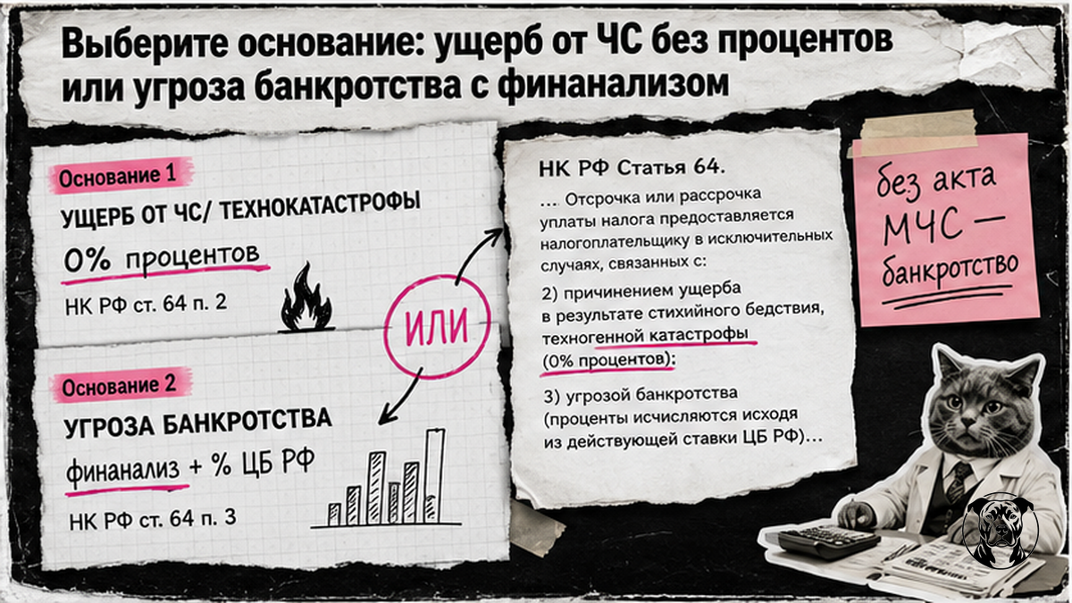 Схема выбора основания отсрочки: ущерб от ЧС без процентов или угроза банкротства с финанализом по ст. 64 НК РФ
