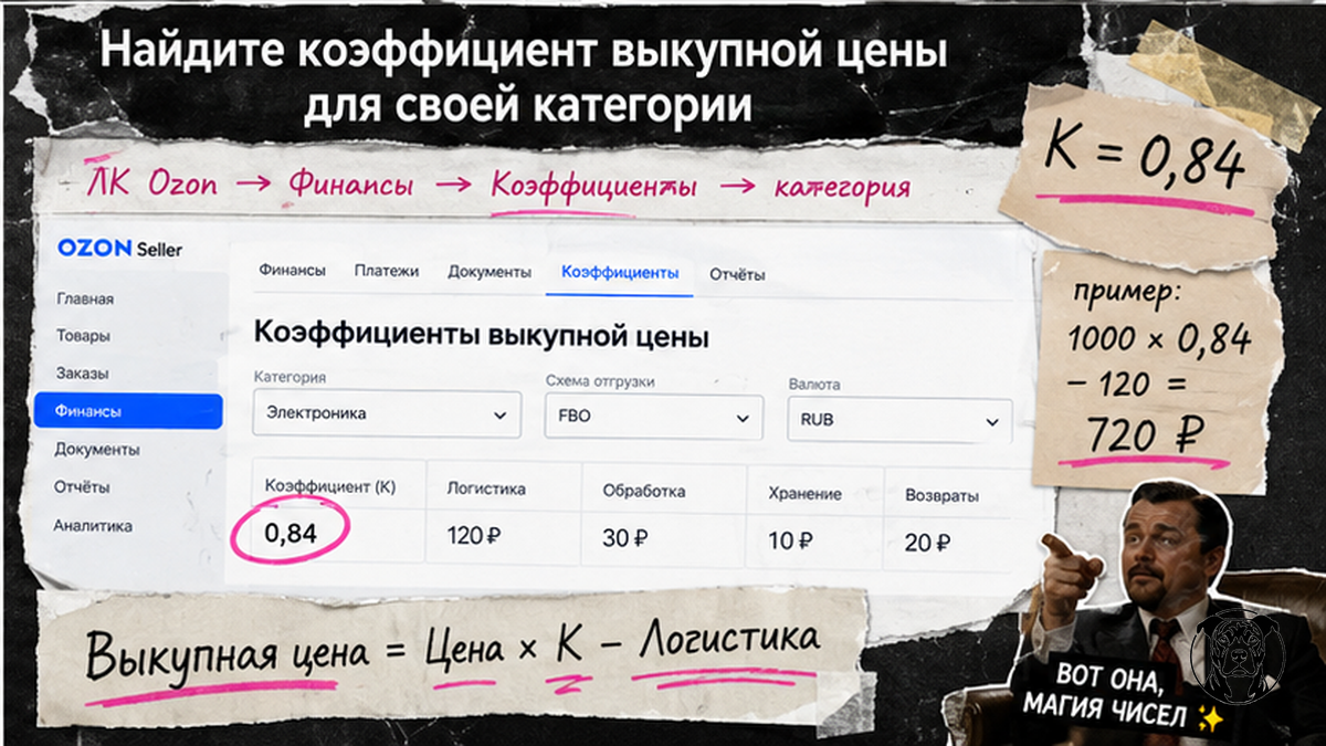 Схема: где найти коэффициент выкупной цены B2B в кабинете Ozon