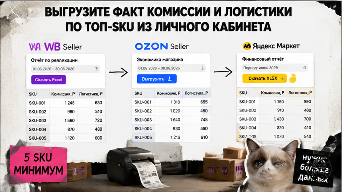 Схема выгрузки комиссии и логистики по топ-SKU из кабинетов WB, Ozon и Яндекс Маркет