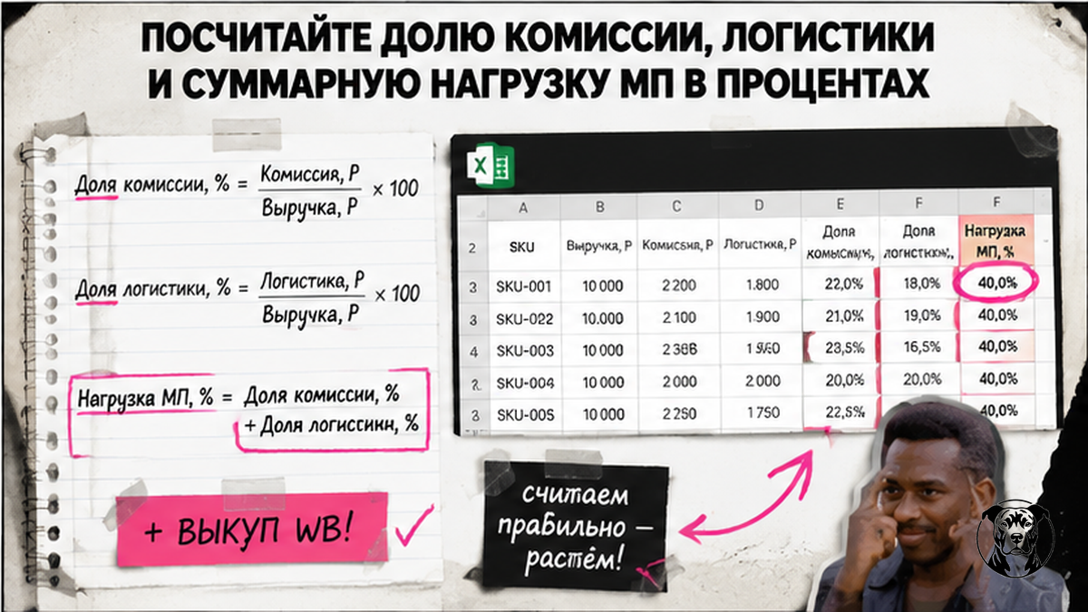 Формулы расчёта доли комиссии, логистики и суммарной нагрузки МП в процентах