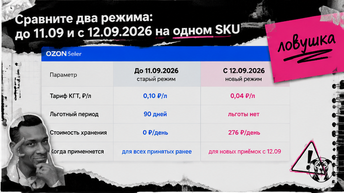 Сравнение тарифов хранения КГТ Ozon FBO до и после 12 сентября 2026 на одном SKU