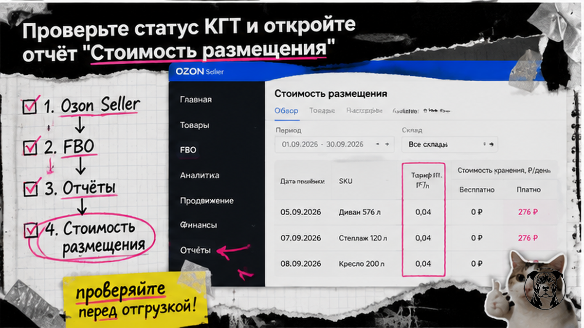 Чеклист: как проверить статус КГТ и открыть отчёт «Стоимость размещения» в Ozon Seller