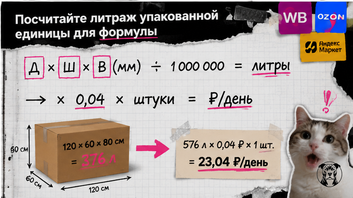 Схема расчёта литража упакованной единицы КГТ для формулы хранения Ozon FBO