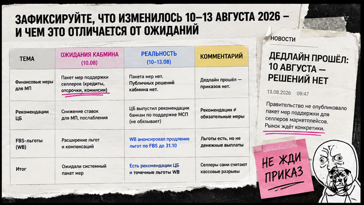 Сравнительная таблица: ожидания кабмина 10 августа 2026 vs реальные меры ЦБ и WB FBS