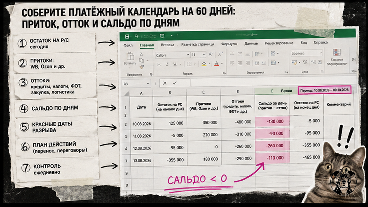 Схема workflow: платёжный календарь 60 дней с притоком, оттоком и сальдо по дням