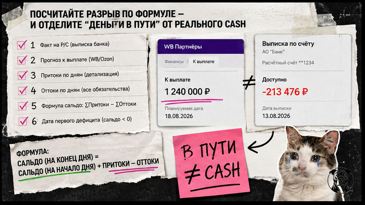 Чеклист: отделить деньги в пути WB от реального cash и посчитать разрыв по формуле