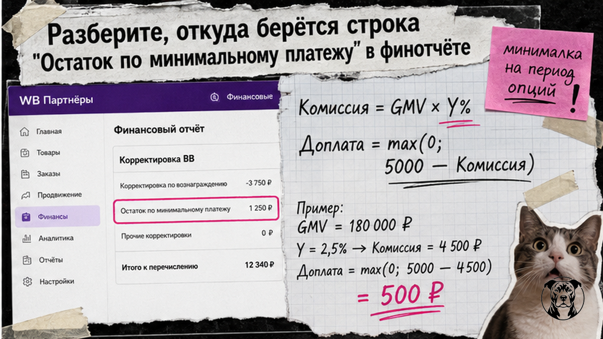 Сравнение формулы доплаты и строки «Остаток по минимальному платежу» в финотчёте WB