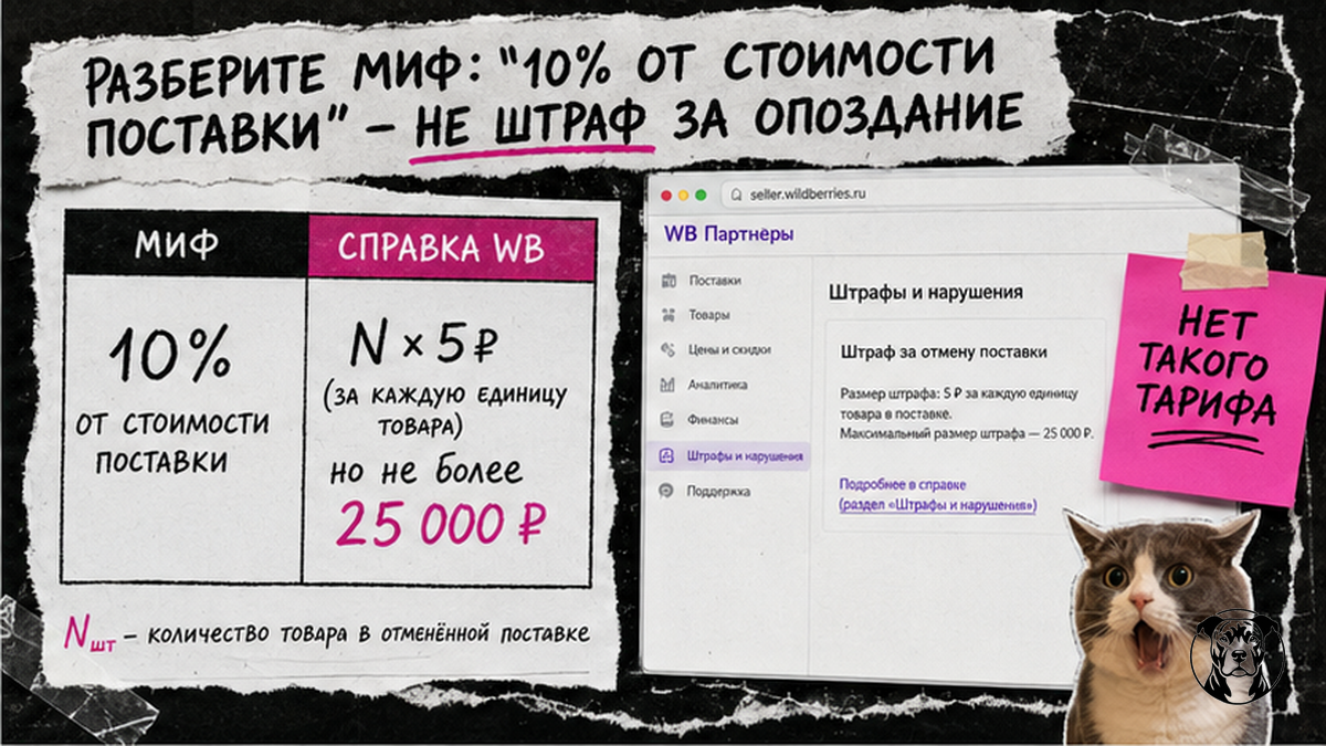Таблица сравнения мифа 10% и реального тарифа WB 5 ₽ за штуку