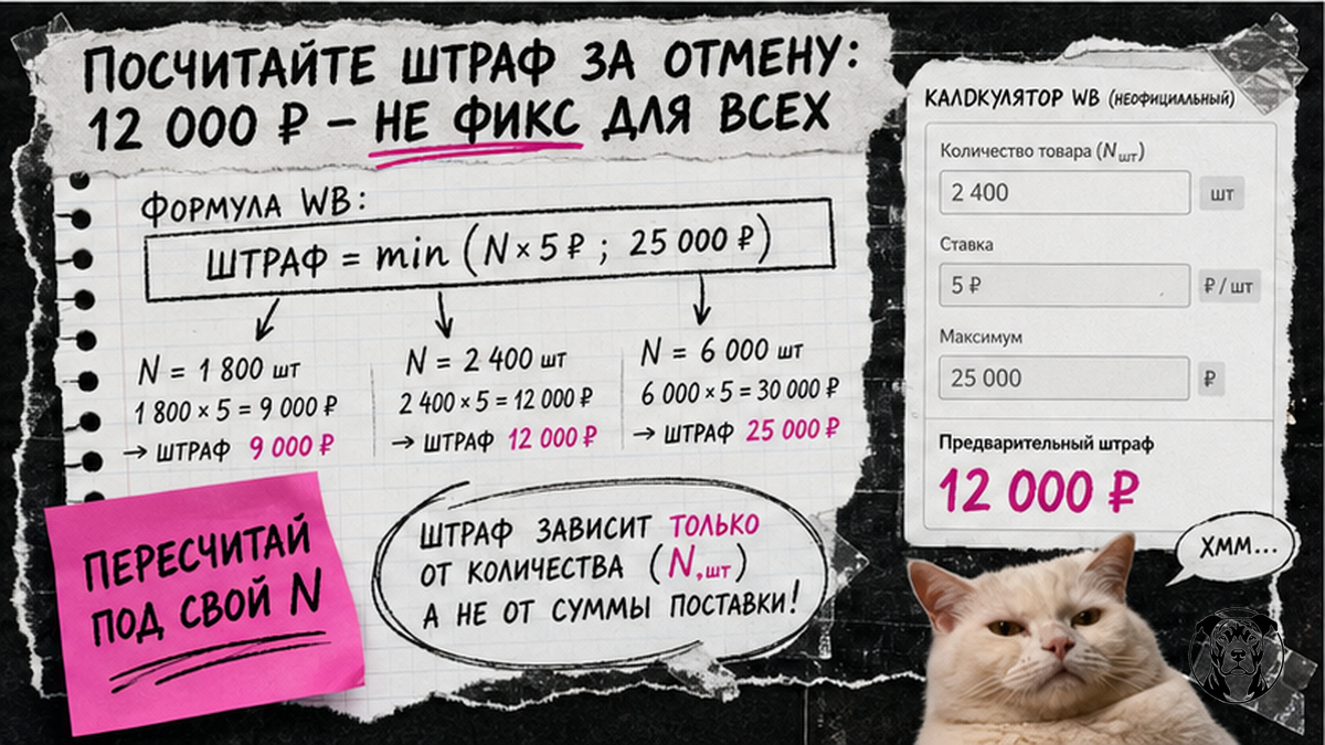 Workflow расчёта штрафа за отмену поставки WB: N штук × 5 ₽