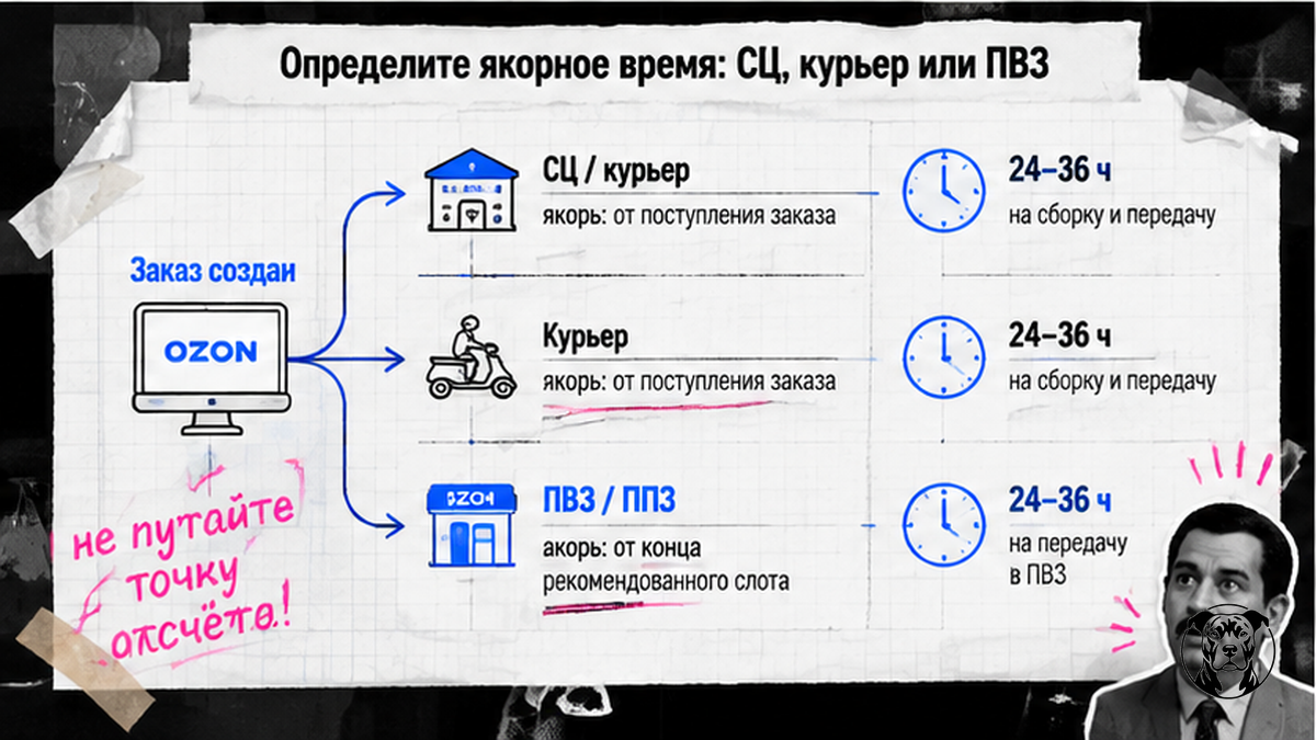 Схема якорного времени: СЦ, курьер или ПВЗ для расчёта просрочки Ozon FBS