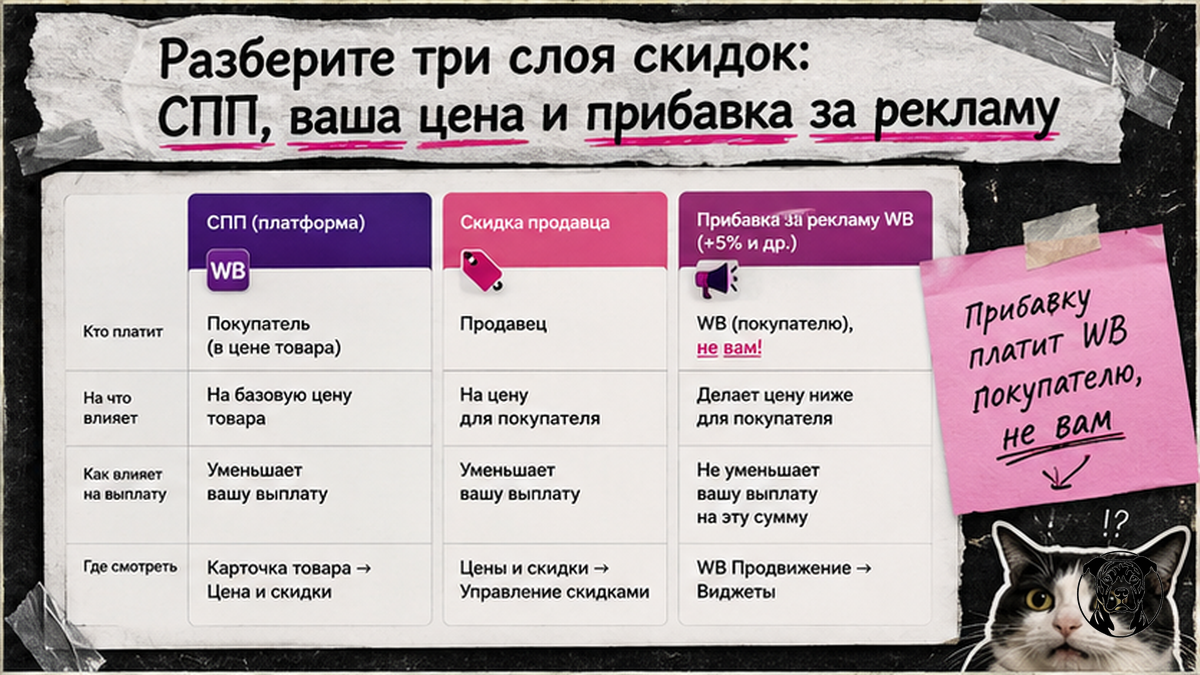 Таблица трёх слоёв скидок WB: СПП, цена продавца и прибавка за рекламу