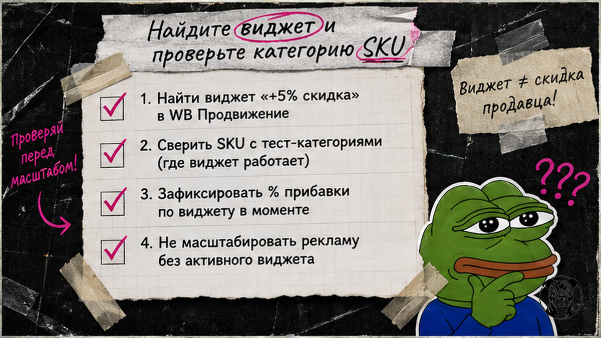 Чеклист: найти виджет скидки WB и проверить категорию SKU