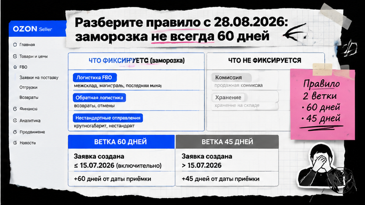Таблица: что входит в заморозку Ozon FBO и ветки 60/45 дней