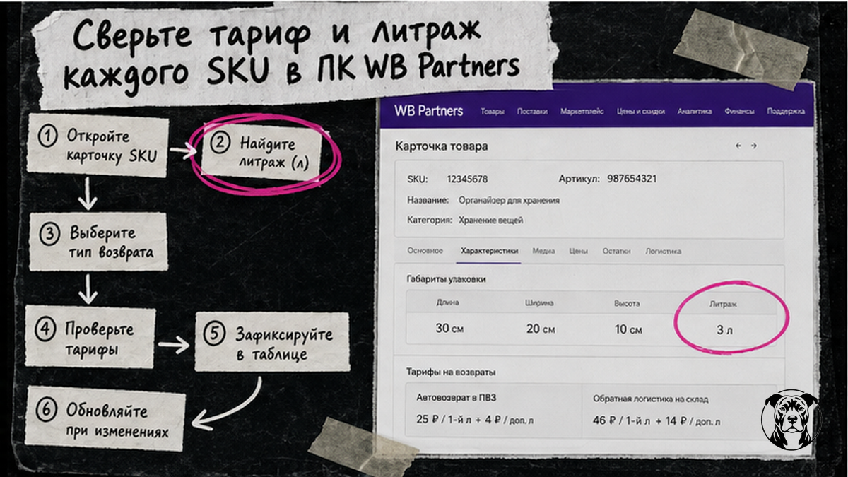 Схема: как сверить тариф автовозврата и литраж SKU в кабинете WB Partners