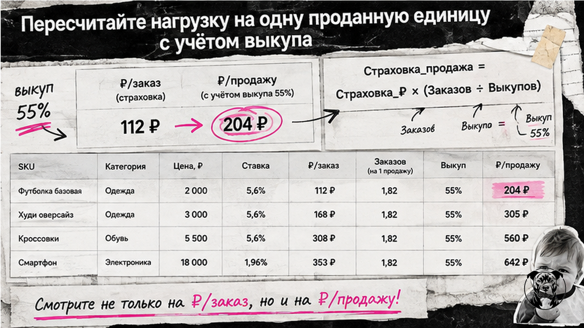 Таблица пересчёта страховки WB на проданную единицу: ₽/заказ и ₽/продажу при выкупе 55%
