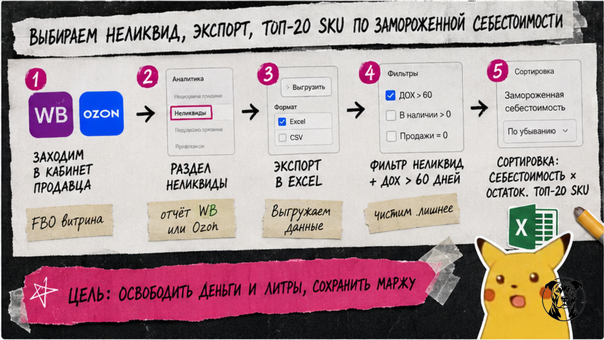 Схема workflow: отбор топ-20 неликвидных SKU по замороженному COGS