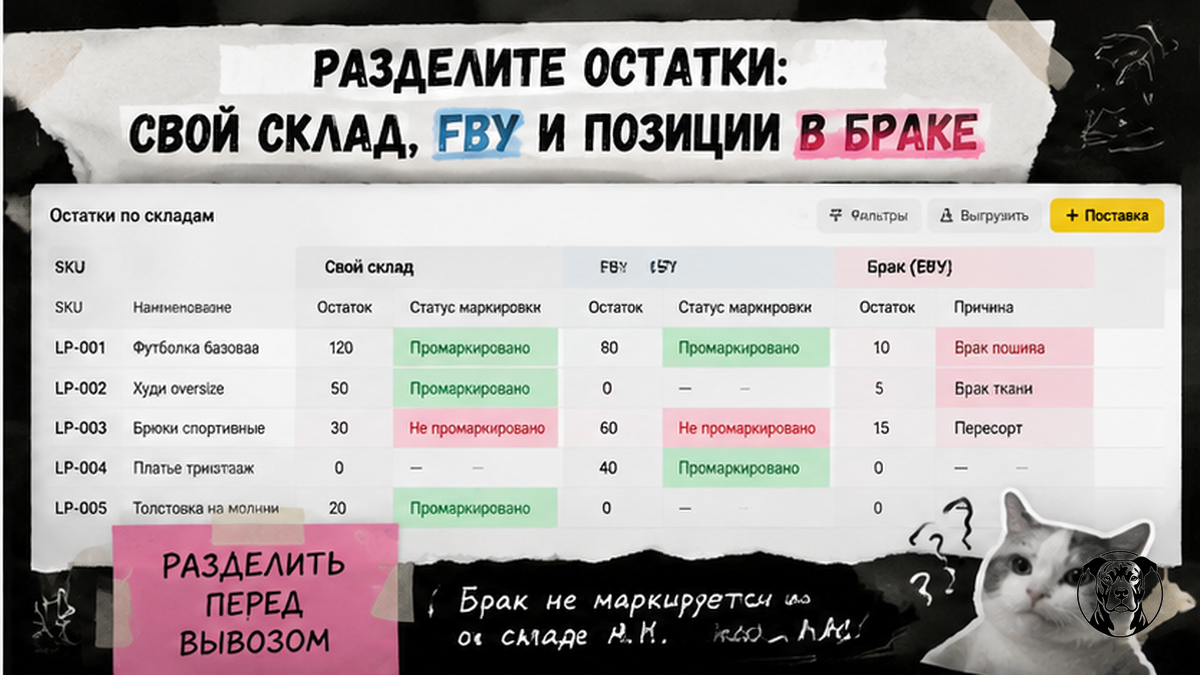 Таблица сравнения остатков: свой склад, FBY и позиции в браке