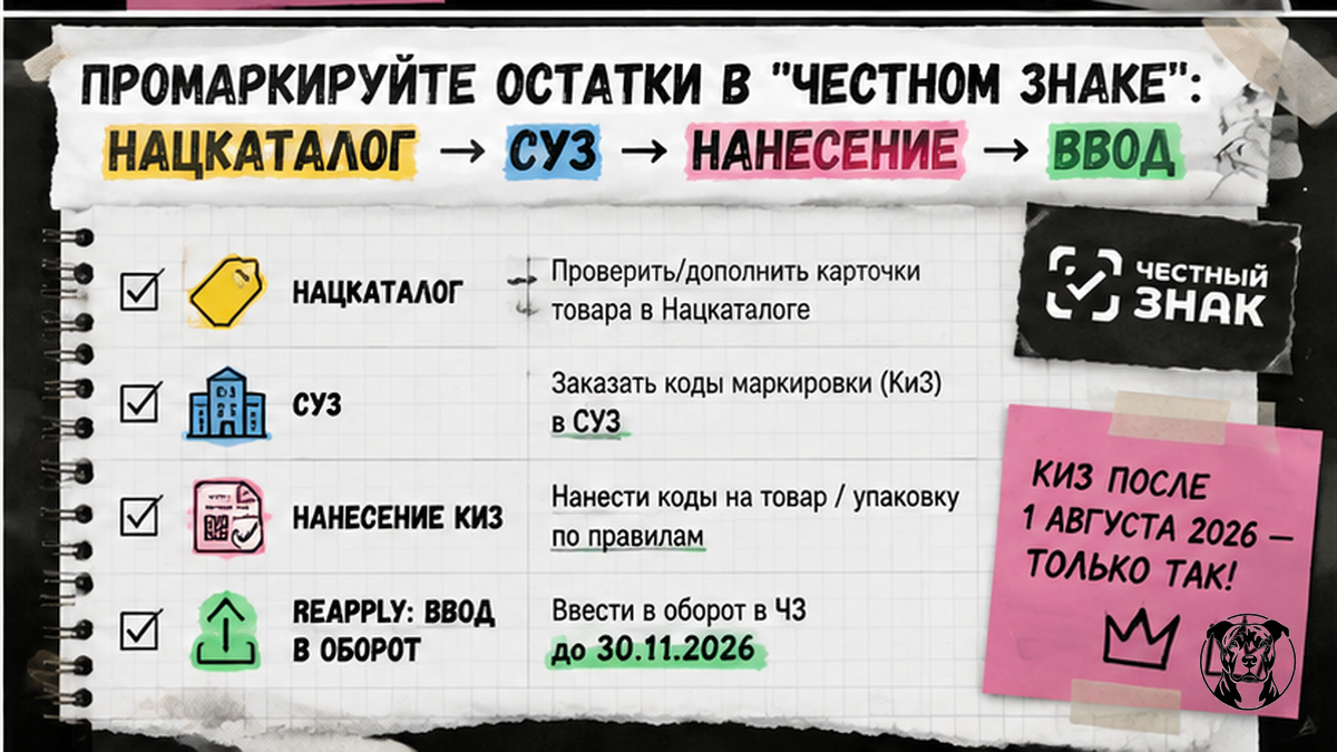 Чеклист маркировки остатков в Честном знаке: Нацкаталог, СУЗ, нанесение, ввод