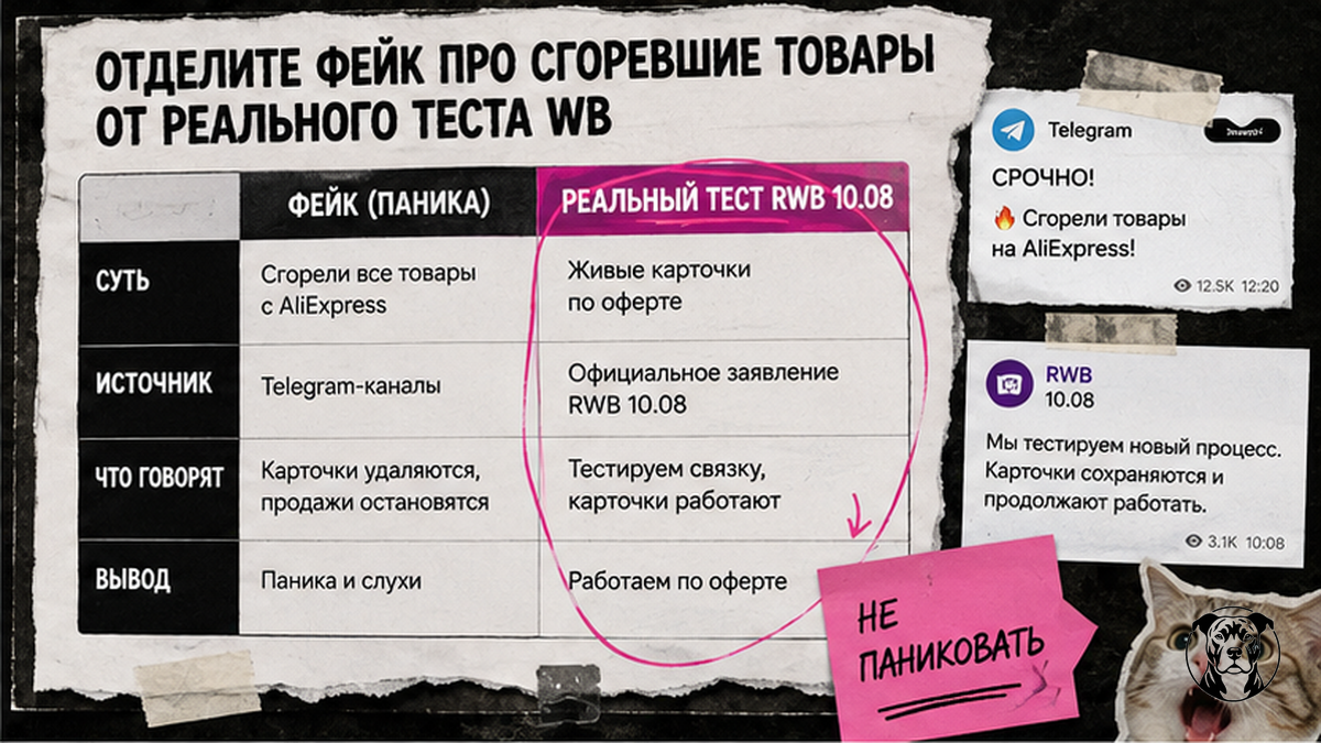 Таблица: фейк про сгоревшие товары vs реальный тест WB на AliExpress