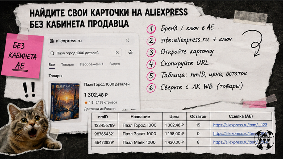 Схема поиска карточек Wildberries на AliExpress по бренду и nmID