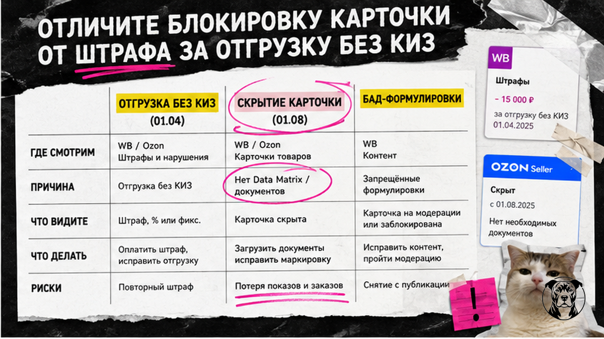 Таблица: отгрузка без КИЗ, скрытие карточки и блокировка БАД — чем отличаются