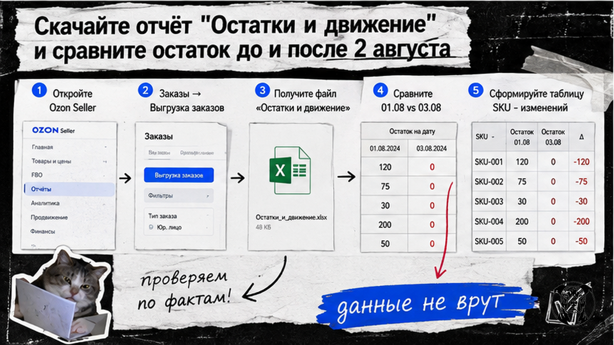 Схема workflow: скачать отчёт Остатки и движение и сверить остаток до и после 2 августа
