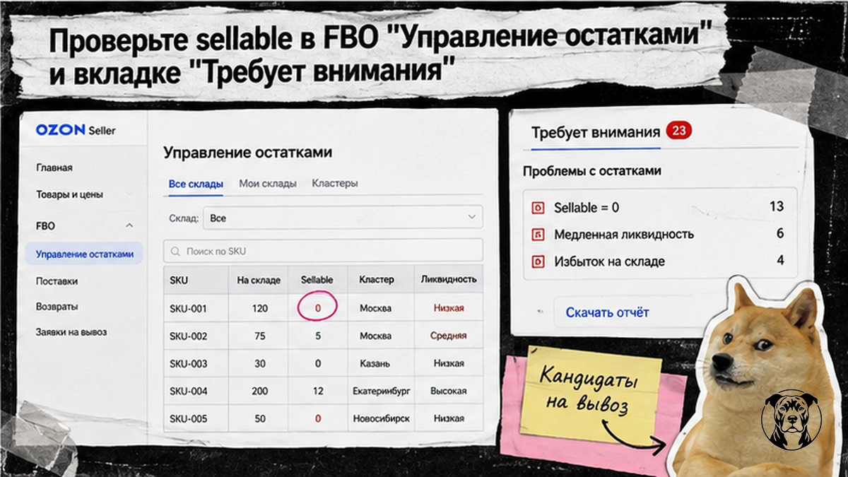 Чеклист: проверка sellable в FBO Управление остатками и вкладке Требует внимания