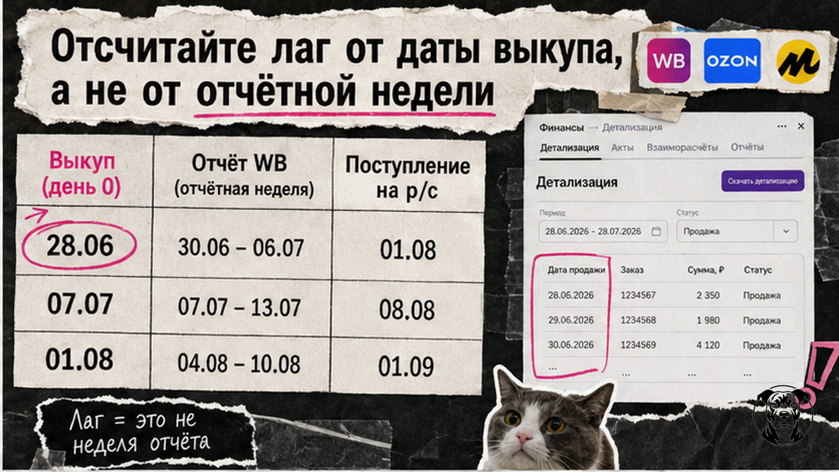 Сравнение дат: выкуп 28 июня, отчёт 7 июля, банк 1 августа — лаг 34 дня от выкупа, не от отчёта