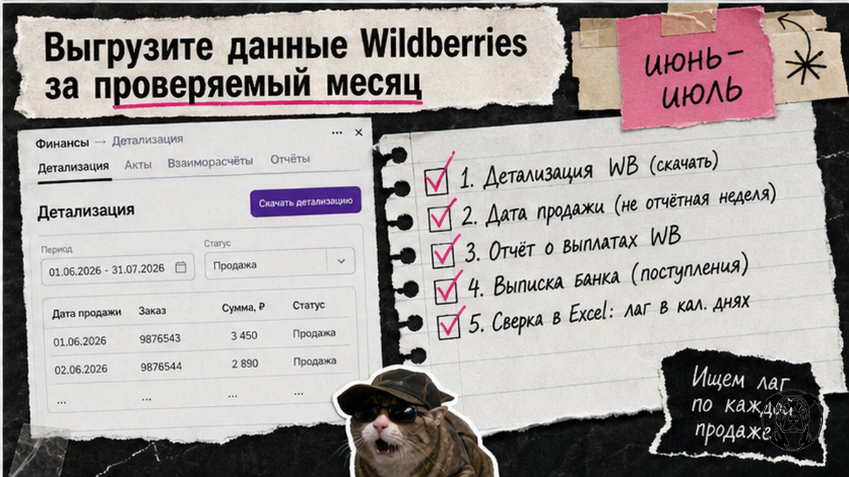 Чеклист выгрузки данных Wildberries: детализация, даты продаж, выплаты и банковская выписка для Excel