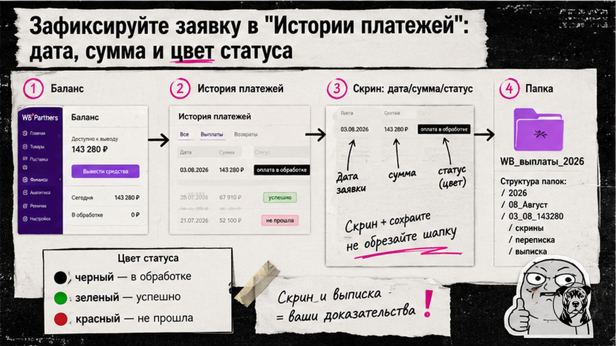 Схема: как зафиксировать заявку в Истории платежей WB с цветом статуса