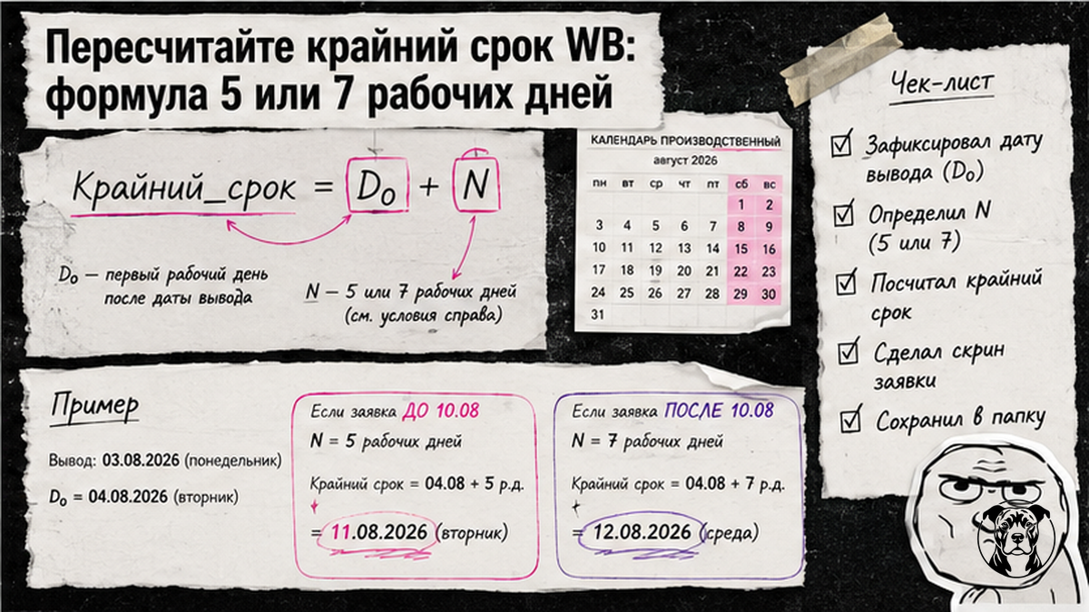 Чеклист формулы крайнего срока выплаты WB: D₀ плюс 5 или 7 рабочих дней