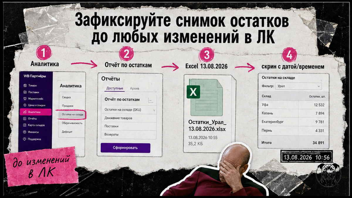 Workflow: зафиксировать снимок остатков WB в Excel и скриншот до изменений в личном кабинете