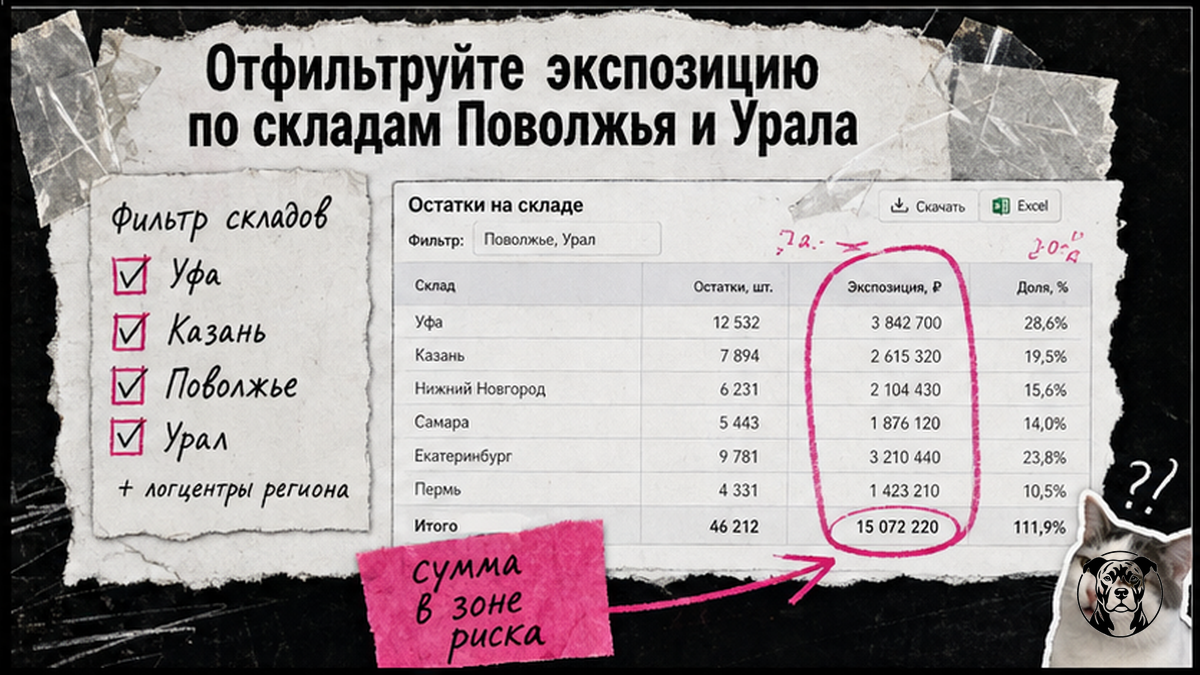 Чеклист: фильтр экспозиции по складам Поволжья и Урала в отчёте WB