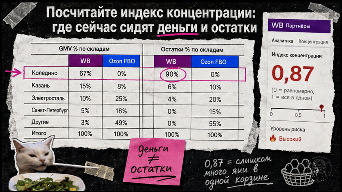 Таблица индекса концентрации GMV и остатков по складам WB и Ozon