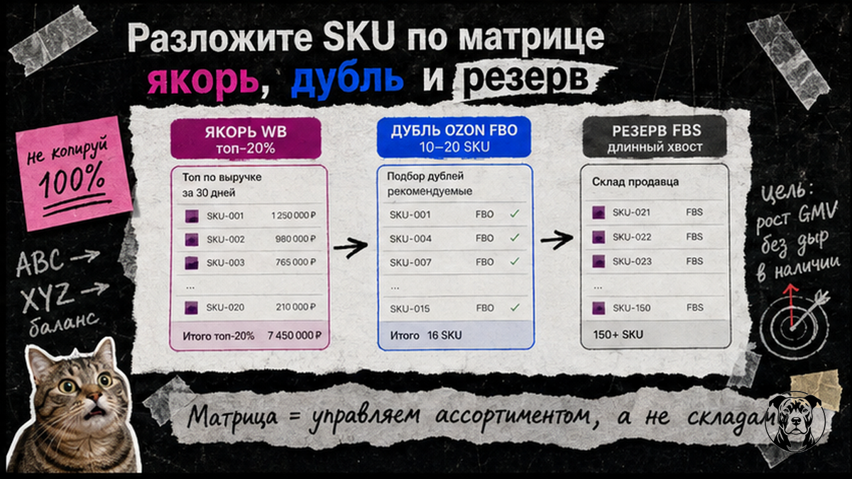 Схема матрицы SKU: якорь на Wildberries, дубль на Ozon, резерв FBS