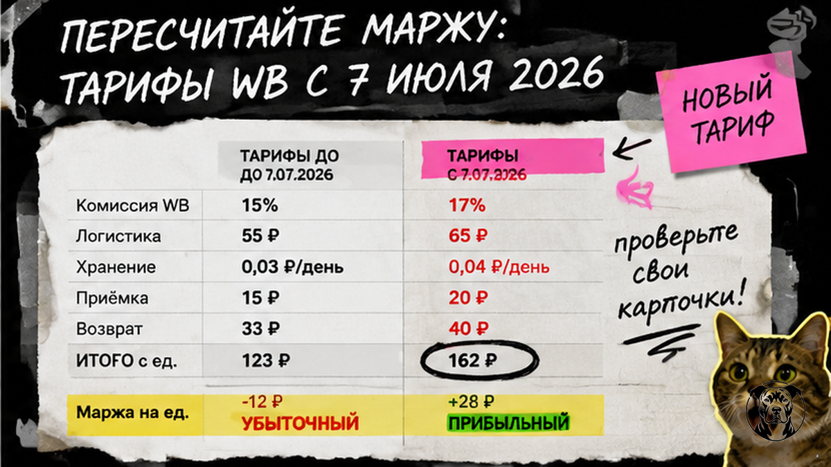 Сравнение старых и новых тарифов WB с 7 июля 2026: таблица убыточности дневных лимитов